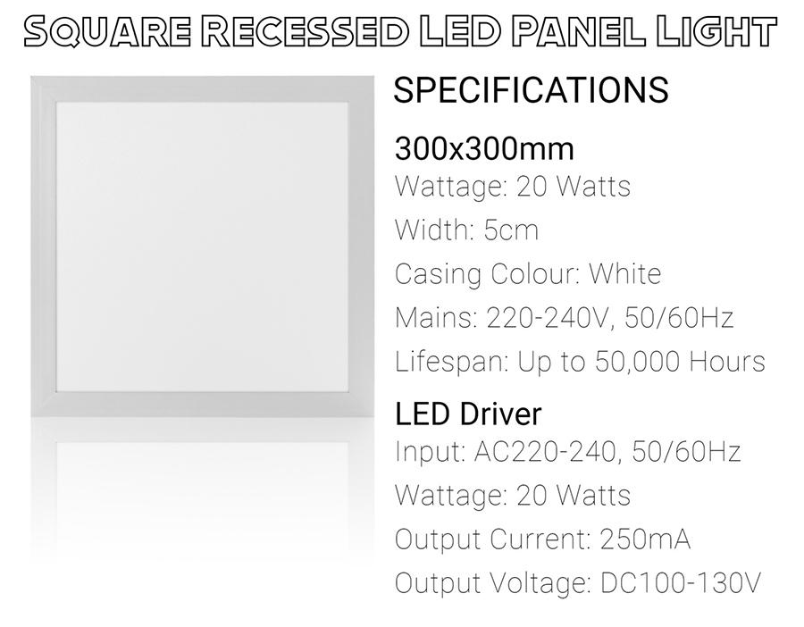 Square LED Panel Light, Square LED Ceiling Light, 300x300mm(Recessed) Specification