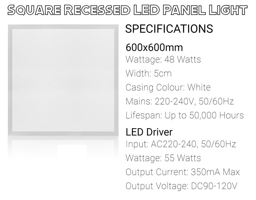 Square LED Panel Light, Square LED Ceiling Light, 600x600mm (Recessed) Specification